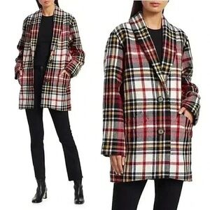 Derek Lam 10 Crosby Red Plaid Check Cocoon Wool Jacket Coat